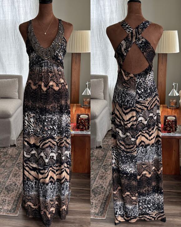 VENUS Dresses & Skirts - Venus Beaded Halter Maxi Dress Animal Snake Print 2010s Beach Boho Summer Small